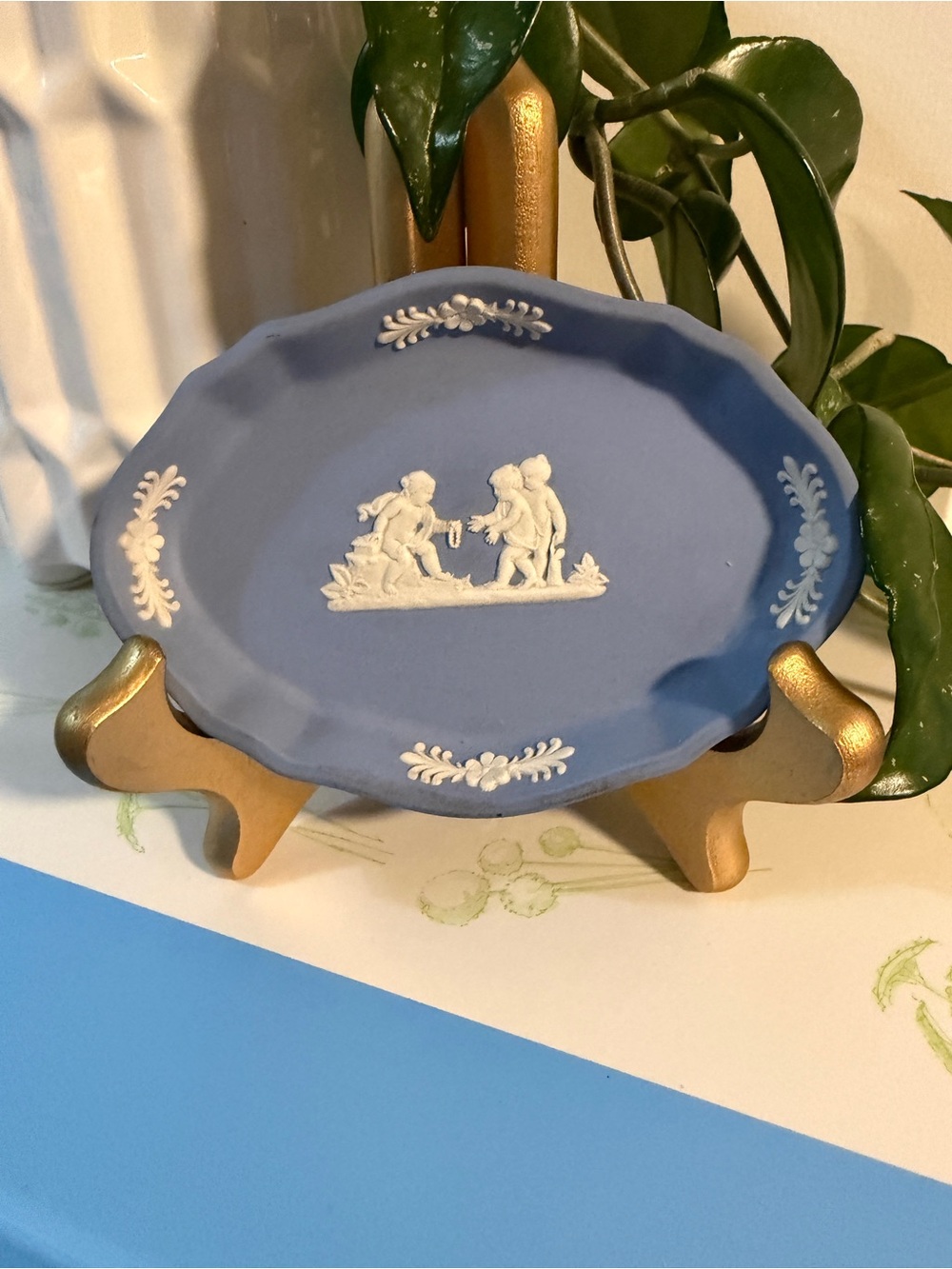Wedgwood Blue Jasperware Oval Dish with White Relief
